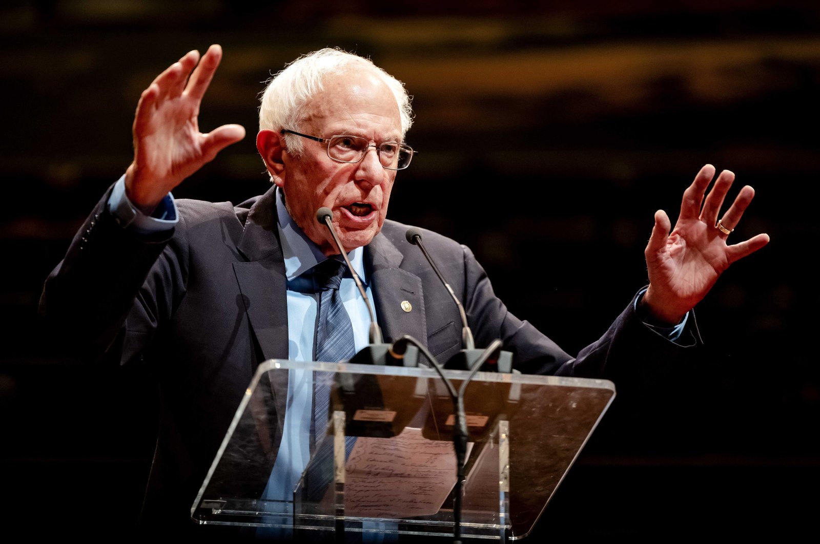 U.S. Senator Bernie Sanders gives a speech in Utrecht, the Netherlands, Oct. 11, 2023. (EPA Photo)