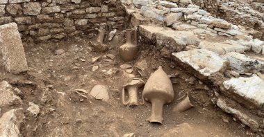 Ten amphorae were discovered in the excavations carried out at the ancient city of Amos in the Marmaris district of Muğla, Muğla, Türkiye, Jan. 17, 2023. (AA Photo)