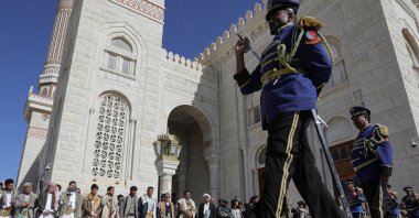 Honor guards march during a military funeral procession of Houthi fighters killed in recent U.S.-led strikes on Houthi targets, in Sanaa, Yemen, Jan. 17, 2024. (Reuters Photo)