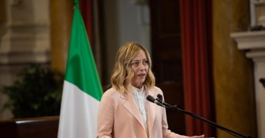 Italian Prime Minister Giorgia Meloni delivers a speech in Bologna, Italy, Jan. 17, 2024. (EPA Photo)