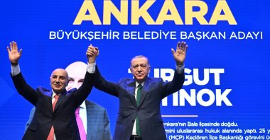 President Recep Tayyip Erdoğan introduces Ankara candidate Turgut Altınok (L), in the capital Ankara, Türkiye, Jan. 18, 2024. (AA Photo)