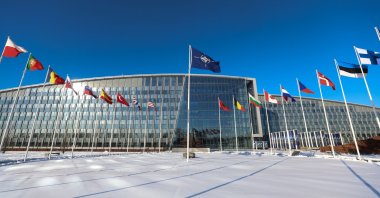 Flags at NATO Headquarters ahead of a press conference following NATO Military Chiefs of Defense meeting in Brussels, Belgium, Jan. 18, 2024. (EPA Photo)