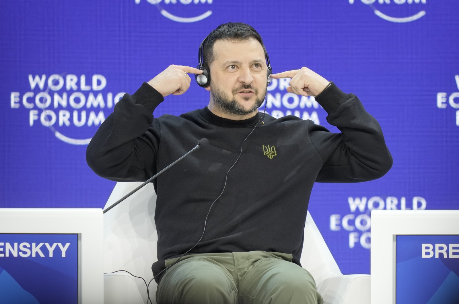 Ukrainian President Volodymyr Zelenskyy gestures after his speech at the Annual Meeting of World Economic Forum in Davos, Switzerland, Jan. 16, 2024. (AP Photo)