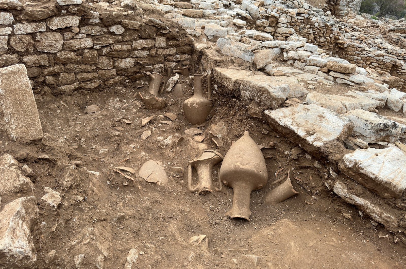 Ten amphorae were discovered in the excavations carried out at the ancient city of Amos in the Marmaris district of Muğla, Muğla, Türkiye, Jan. 17, 2023. (AA Photo)