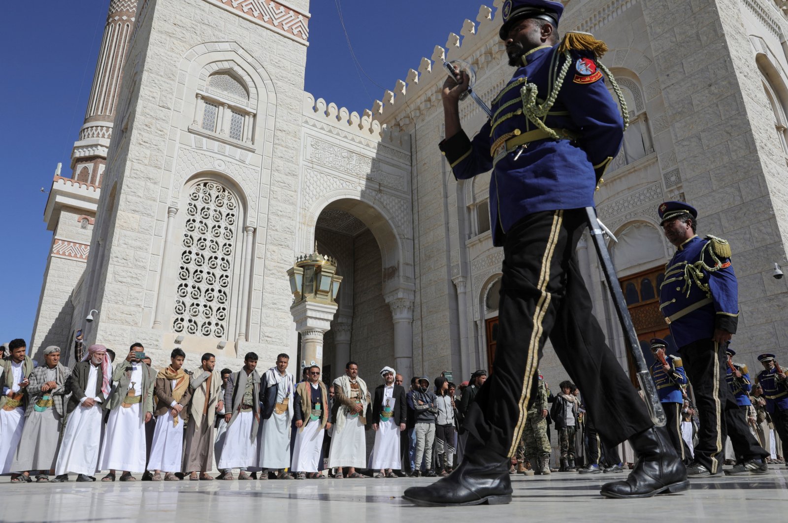 Honor guards march during a military funeral procession of Houthi fighters killed in recent U.S.-led strikes on Houthi targets, in Sanaa, Yemen, Jan. 17, 2024. (Reuters Photo)
