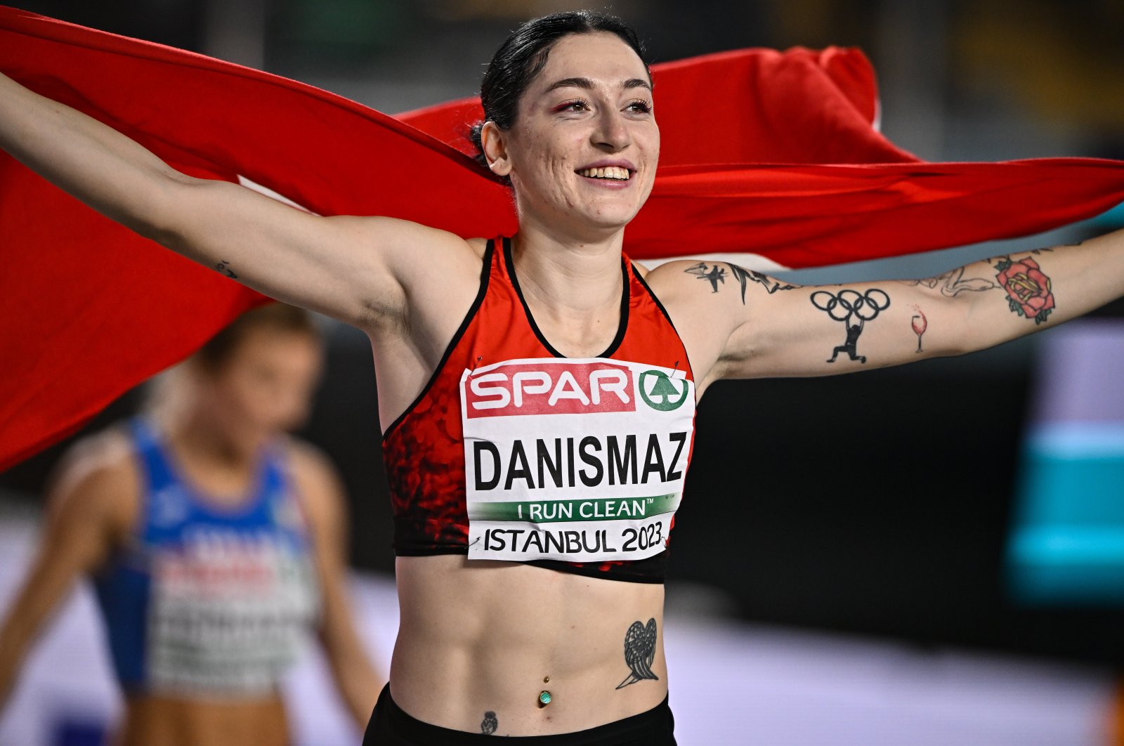 Tuğba Danışmaz celebrates after winning in the women&#039;s triple jump final during Day 2 of the European Indoor Athletics Championships at Ataköy Athletics Arena in Istanbul, Türkiye, March 4, 2023. (Getty Images Photo)