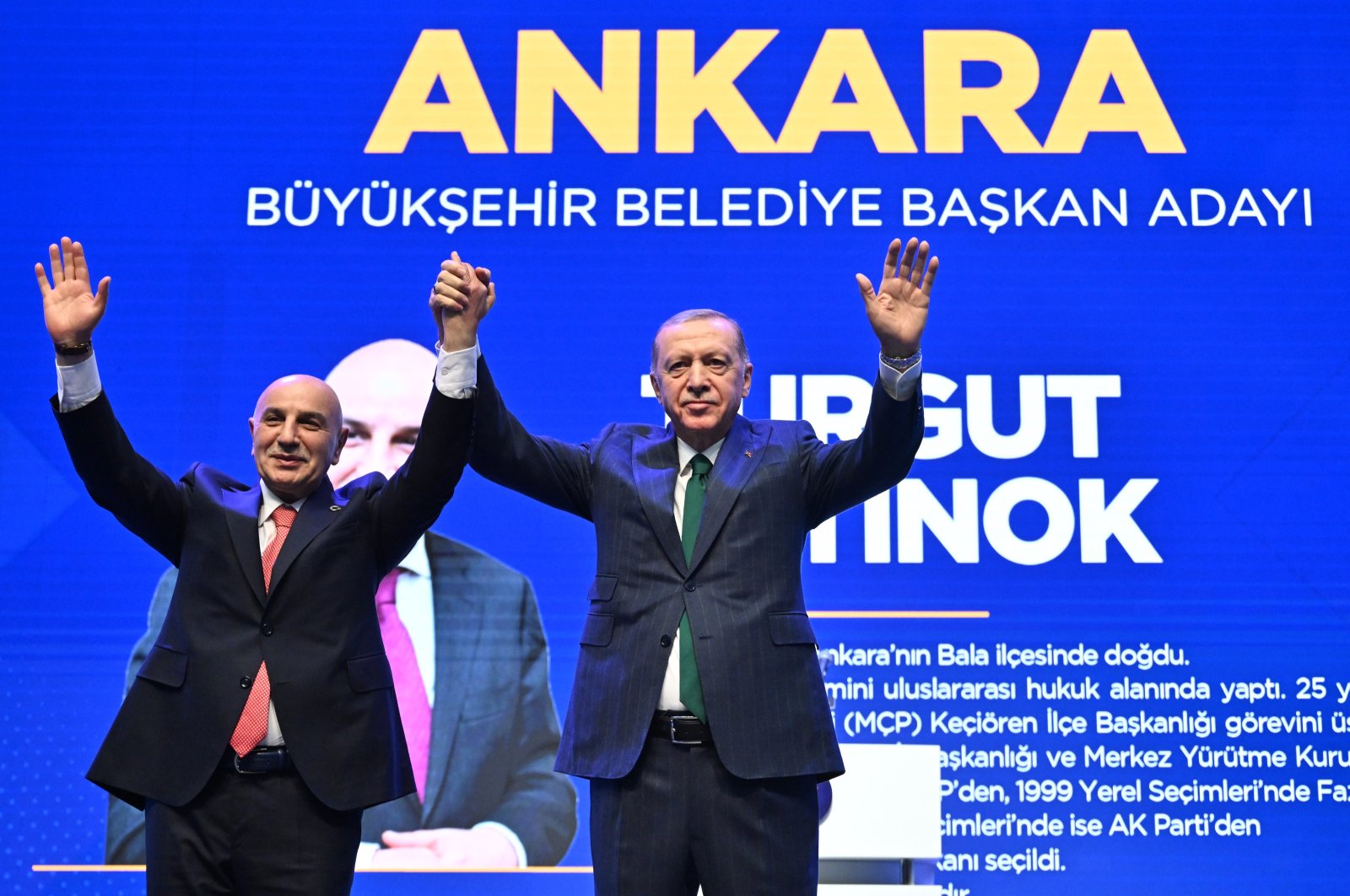 President Recep Tayyip Erdoğan introduces Ankara candidate Turgut Altınok (L), in the capital Ankara, Türkiye, Jan. 18, 2024. (AA Photo)