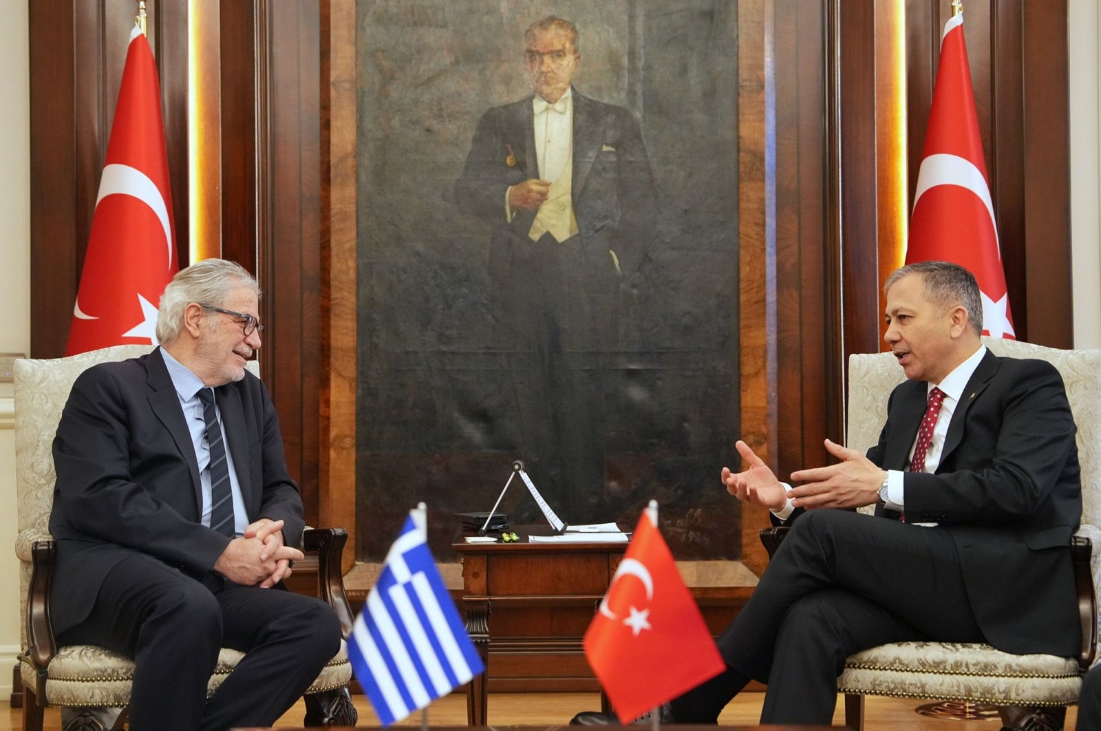 Interior Minister Ali Yerlikaya and Greek Minister of Maritime Affairs and Insular Policy Christos Stylianides in Ankara, Türkiye, Jan. 18, 2024. (AA Photo)