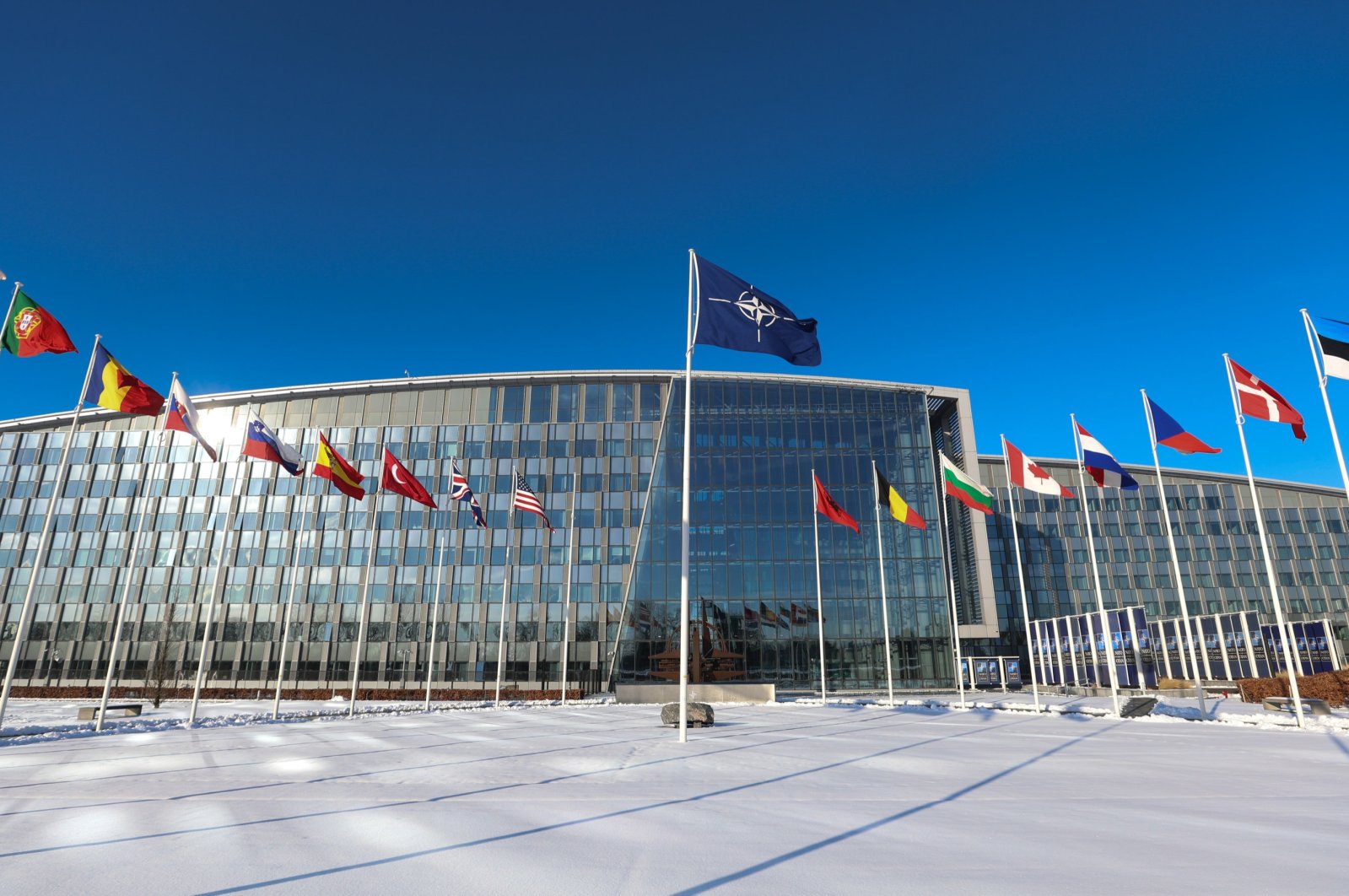 Flags at NATO Headquarters ahead of a press conference following NATO Military Chiefs of Defense meeting in Brussels, Belgium, Jan. 18, 2024. (EPA Photo)