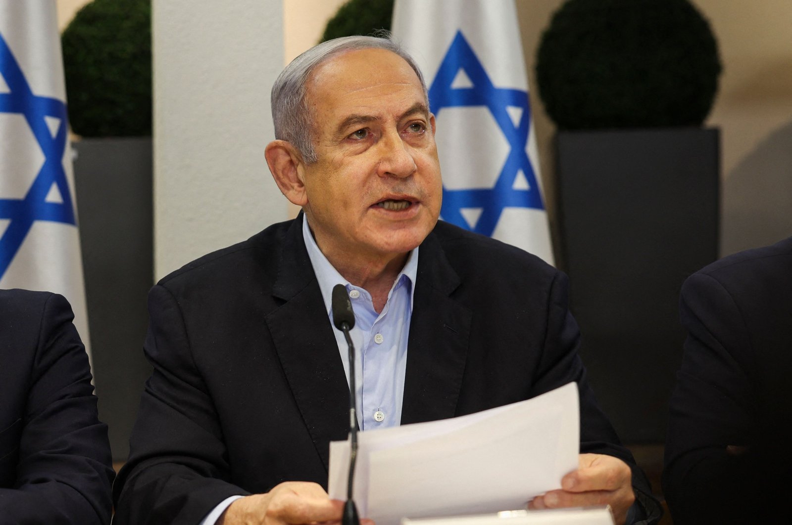 Israeli Prime Minister Benjamin Netanyahu heads the weekly cabinet meeting at the Defense Ministry in Tel Aviv, Jan. 7, 2024. (AFP Photo)