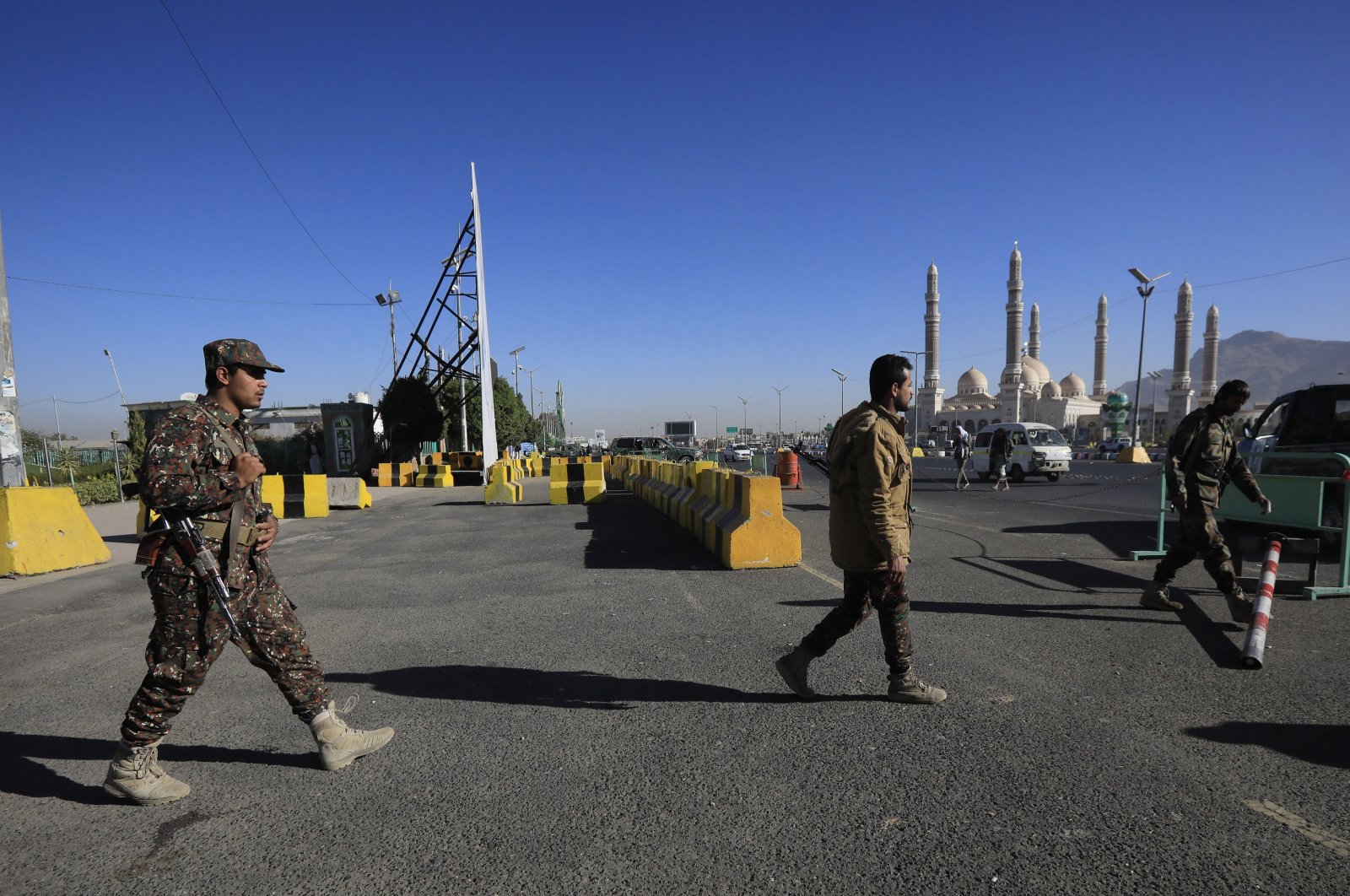  Houthi troopers patrol at a shrine of slain Houthi fighters, in Sana&#039;a, Yemen, Jan. 17, 2024. (EPA Photo)