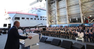 President Recep Tayyip Erdoğan speaks during a ceremony to deliver new sea platforms to the Turkish navy, in Yalova, northwestern Türkiye, Jan. 19, 2024. (AA Photo)