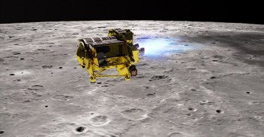  An undated handout image made available by the Japan Aerospace Exploration Agency (JAXA) on Jan. 20, 2024 shows an artist's illustration of the SLIM (Smart Lander for Investigating Moon) cruising over the moon. (EPA Photo)