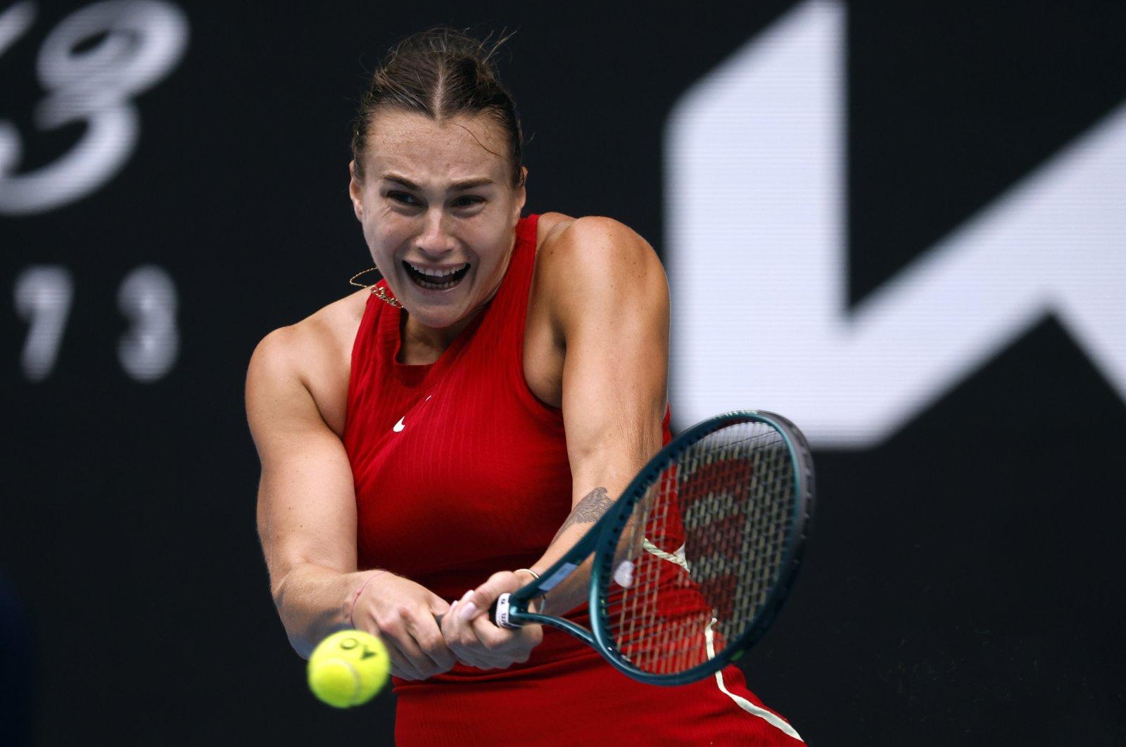 Belarus&#039; Aryna Sabalenka in action against Ukraine&#039;s Lesia Tsurenko during the Women&#039;s 3rd round match at the Australian Open tennis tournament in Melbourne, Australia, Jan. 19, 2024. (EPA Photo)