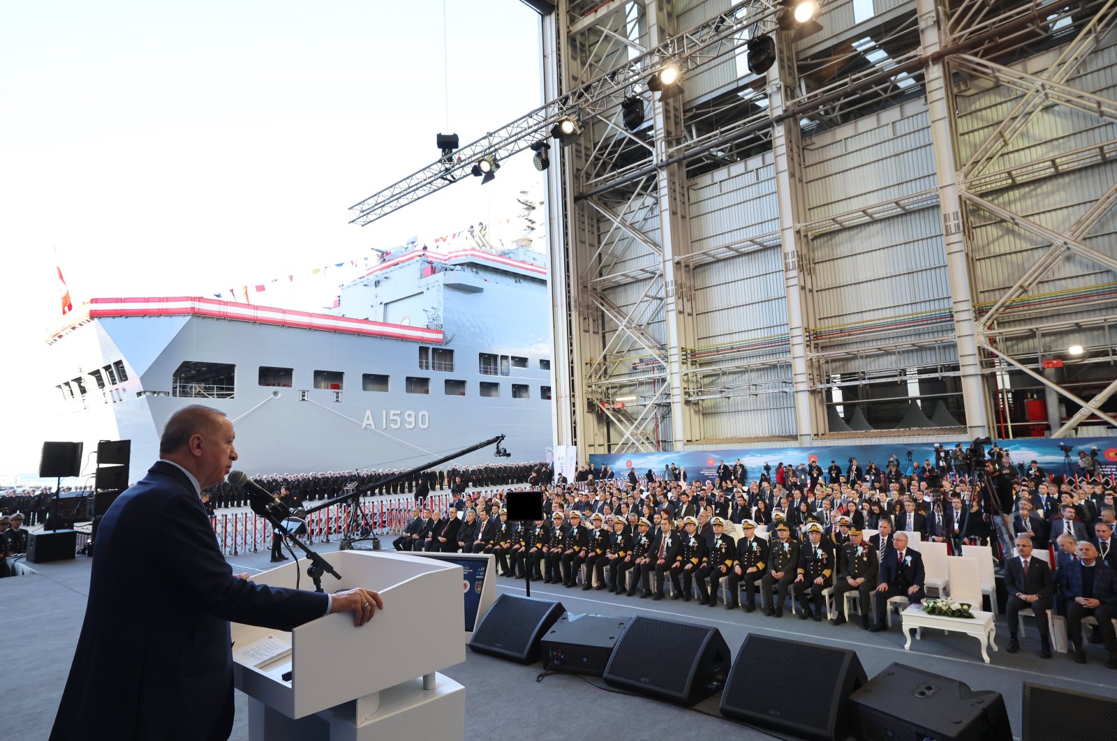 President Recep Tayyip Erdoğan speaks during a ceremony to deliver new sea platforms to the Turkish navy, in Yalova, northwestern Türkiye, Jan. 19, 2024. (AA Photo)