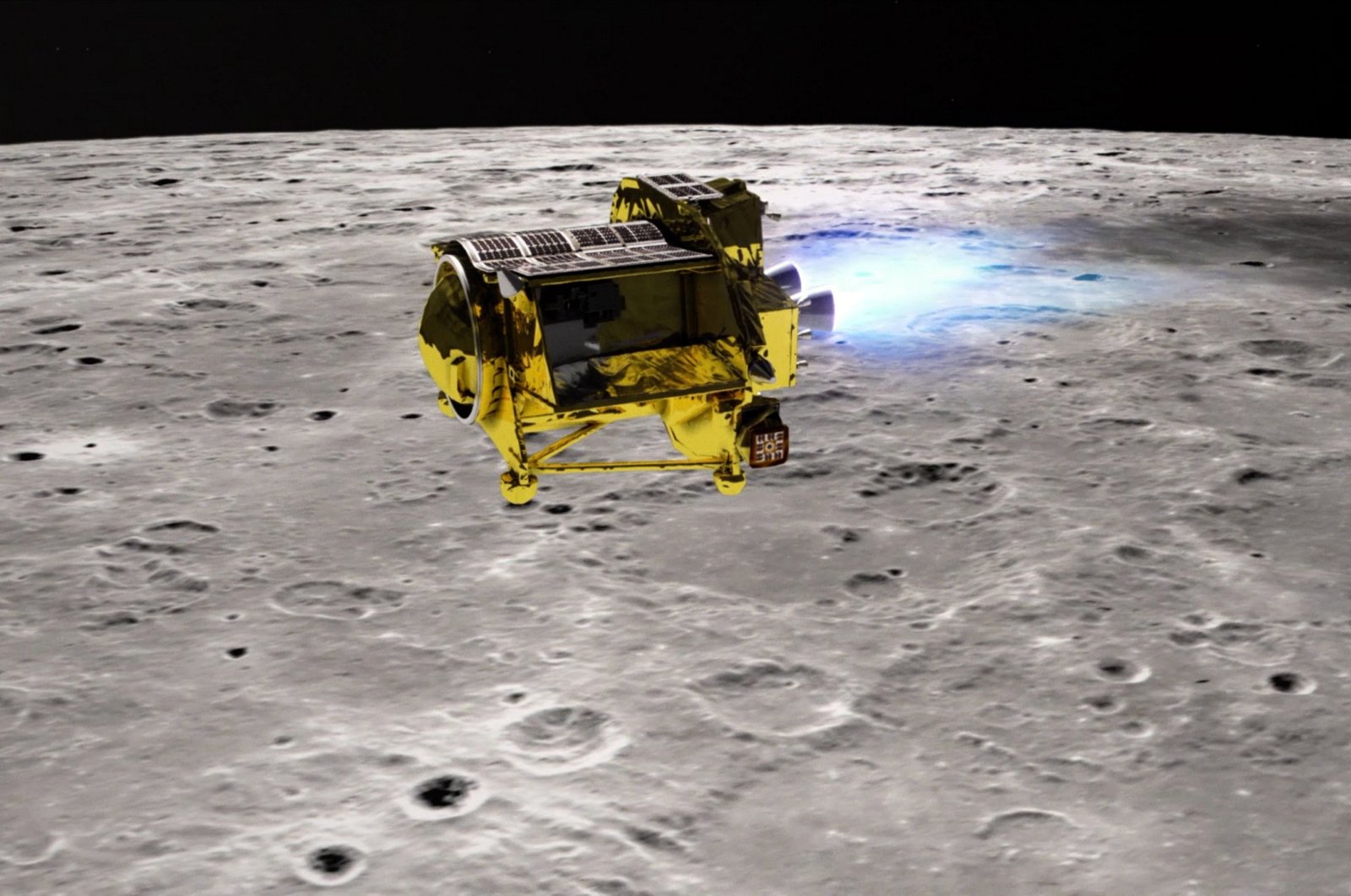  An undated handout image made available by the Japan Aerospace Exploration Agency (JAXA) on Jan. 20, 2024 shows an artist&#039;s illustration of the SLIM (Smart Lander for Investigating Moon) cruising over the moon. (EPA Photo)
