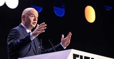 FIFA President Gianni Infantino speaks on stage during FIFA Football Summit 2023, Jeddah, Saudi Arabia, Dec. 21, 2023. (FIFA handout via Getty Images)