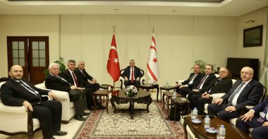 Trade Minister Ömer Bolat (C) visits the Turkish Embassy in the Turkish Republic of Northern Cyprus (TRNC), Lefkoşa, TRNC, Jan. 19, 2024. (DHA Photo)