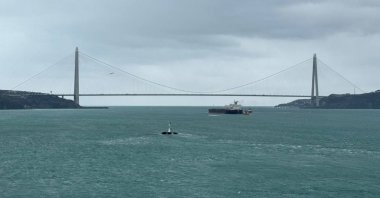 The tanker PERIA en route from Russia to Izmir dropped anchor in the Bosporus, Istanbul, Türkiye, Jan. 21, 2024. (AA Photo)