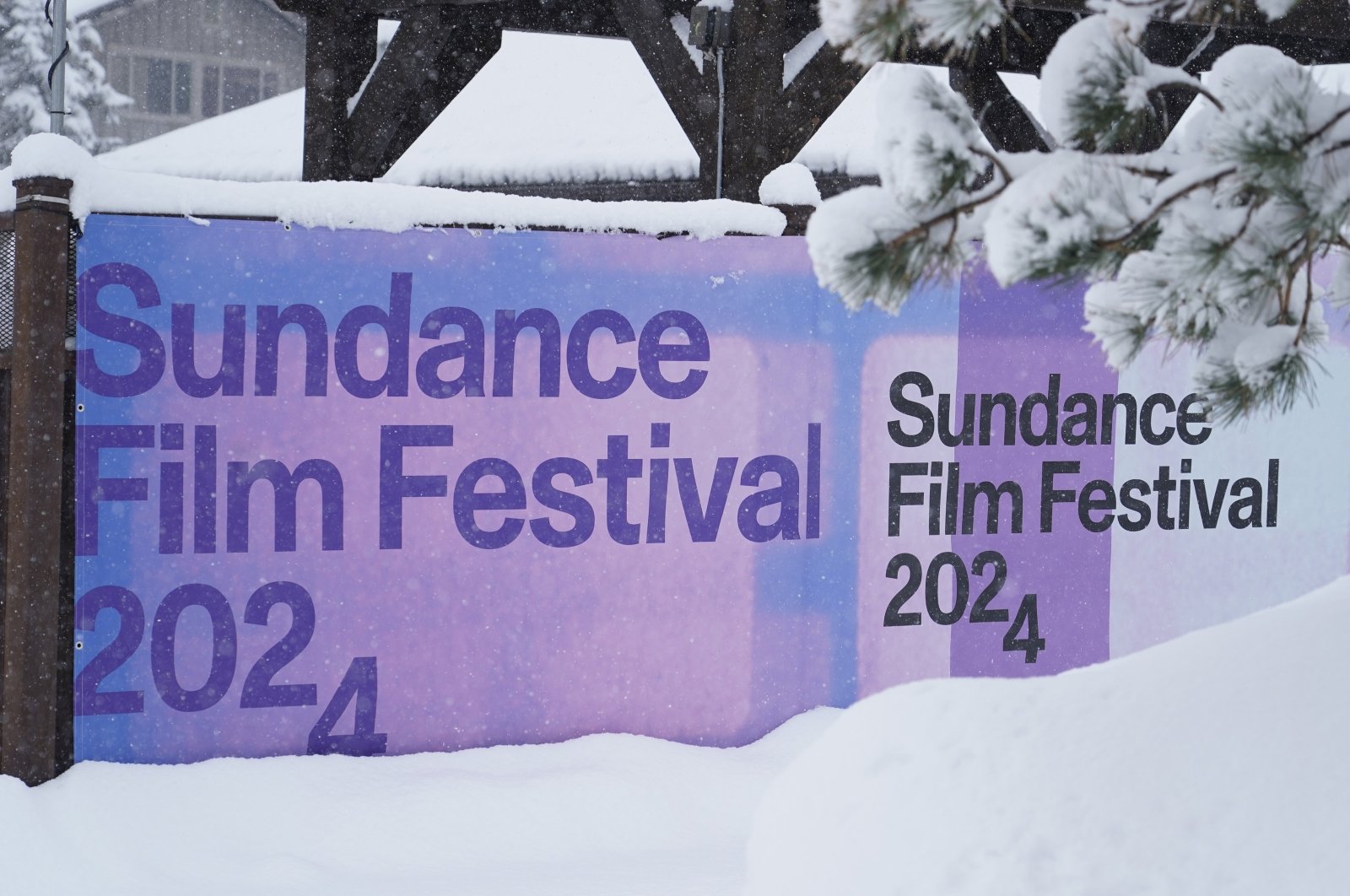 Snow piles up outside the Prospector Square Theater the day before the start of the 2024 Sundance Film Festival in Park City, Utah, U.S., Jan. 17, 2024. (EPA Photo)