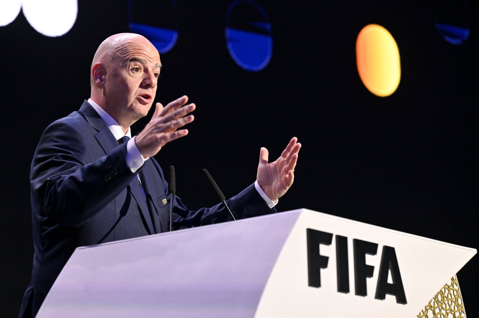 FIFA President Gianni Infantino speaks on stage during FIFA Football Summit 2023, Jeddah, Saudi Arabia, Dec. 21, 2023. (FIFA handout via Getty Images)