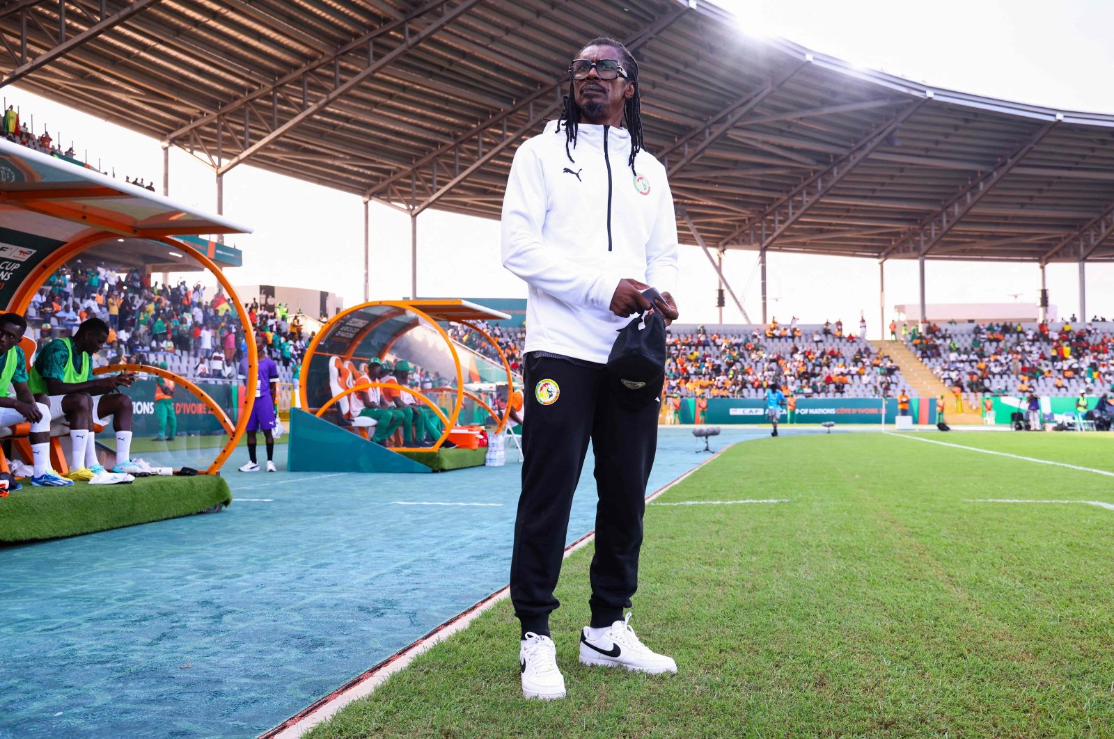 Senegal&#039;s head coach Aliou Cisse looks on during the Africa Cup of Nations (CAN) 2024 Group C football match between Senegal and Cameroon at the Stade Charles Konan Banny, Yamoussoukro, Ivory Coast, Jan. 19, 2024. (AFP Photo)