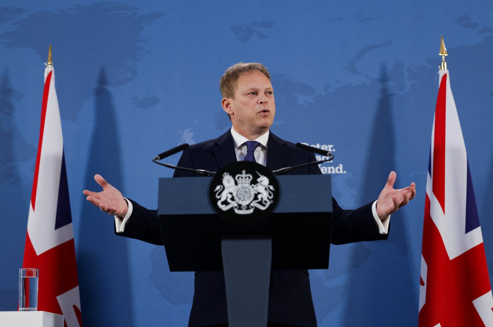 Britain&#039;s Secretary of State for Defense Grant Shapps gives a speech at Lancaster House, London, U.K, Jan. 15, 2024. (Reuters Photo)