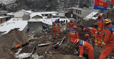 Rescuers work at the site of a landslide in Liangshui Village, Tangfang Town in the city of Zhaotong, Yunnan Province, China, Jan. 22, 2024. (EPA Photo)