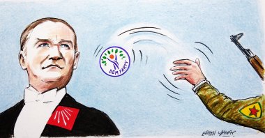 "President Recep Tayyip Erdoğan has been crafting a strong discourse zeroing in on the CHP's partnership with the pro-PKK Green Left Party (YSP) as well as turning a number of issues recently raised by the CHP leadership – including the republic, Mustafa Kemal Atatürk and the political regime – into an anti-CHP collage." (Illustration by Erhan Yalvaç) 