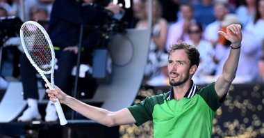 Russia's Daniil Medvedev celebrates his 4th round win against Portugal's Nuno Borges on Day 9 of the 2024 Australian Open at Melbourne Park, Melbourne, Australia, Jan. 22, 2024. (EPA Photo)