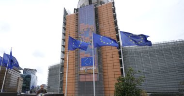 EU flags fly in front of the EU headquarters in Brussels, Belgium, Sept. 20, 2023. (AP Photo)