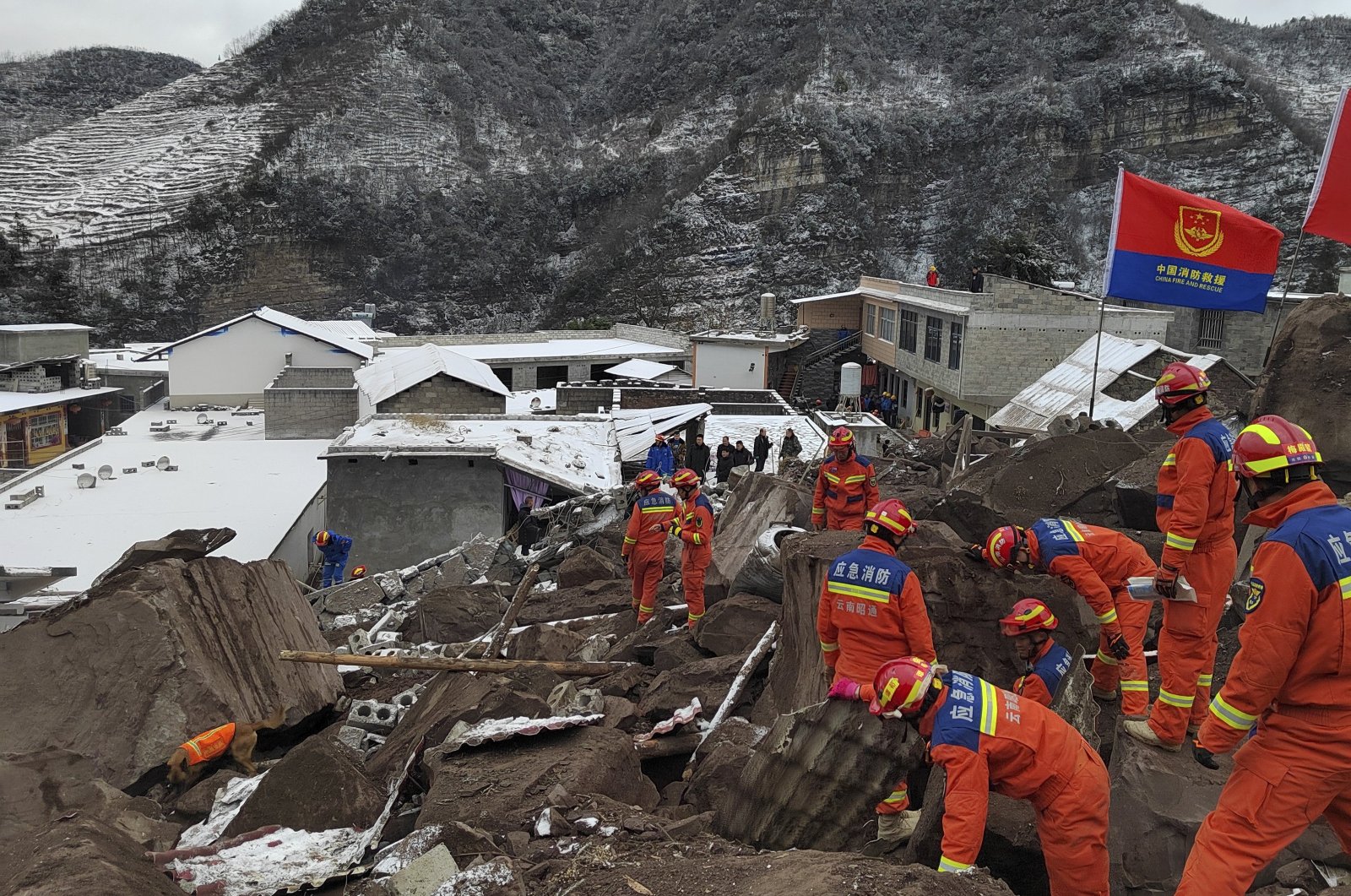 Rescuers work at the site of a landslide in Liangshui Village, Tangfang Town in the city of Zhaotong, Yunnan Province, China, Jan. 22, 2024. (EPA Photo)