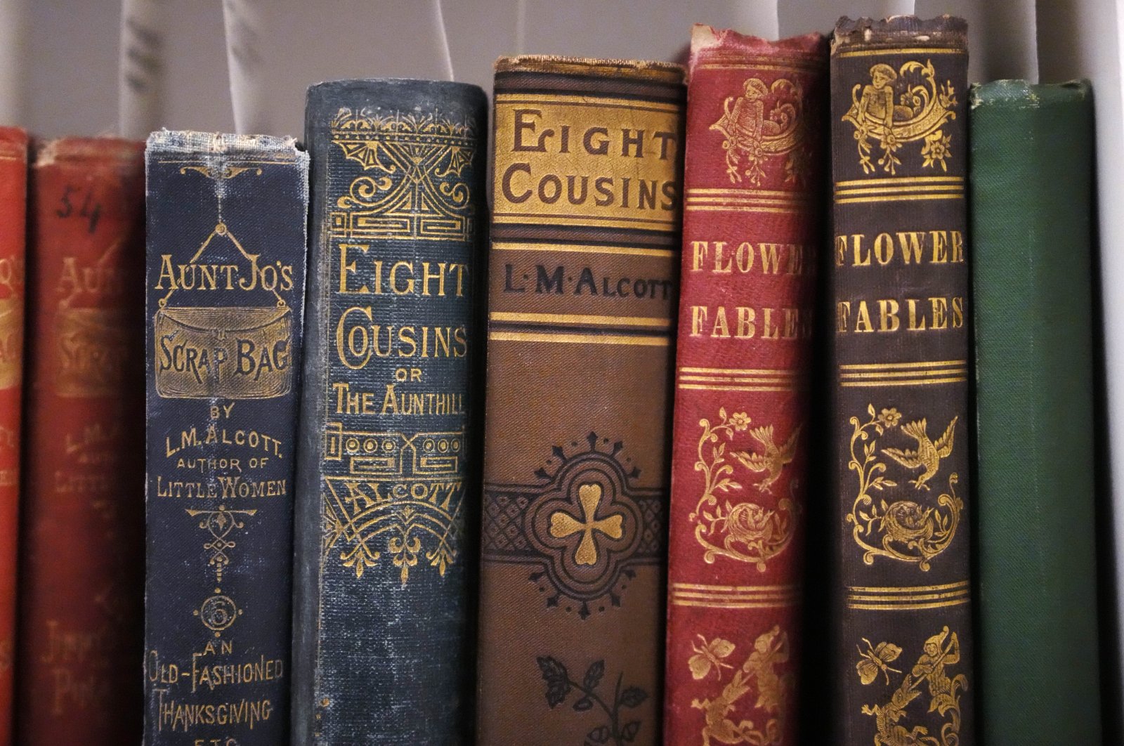 A selection of Louisa May Alcott books are archived at the American Antiquarian Society, a national research library of pre-20th century American history and culture, Worcester, Massachusetts, U.S., Jan. 9, 2024. (AP Photo)