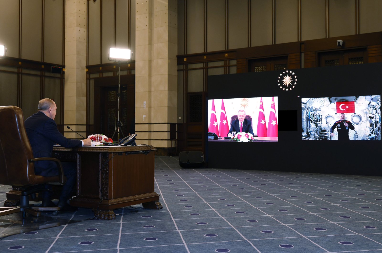 President Recep Tayyip Erdoğan speaks with Türkiye&#039;s first astronaut Alper Gezeravcı in a video call, Ankara, Türkiye, Jan. 22, 2024. (AA Photo)