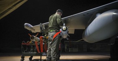 RAF Armourers (Weapon Technicians) prepare a Royal Air Force Typhoon FGR4 for airstrikes against Houthi military targets in Yemen, Jan. 21, 2024. (AP Photo)
