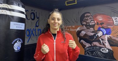 Turkish boxer Seren Ay Çetin poses for a photo after training for the match against Dina Thorslund, Istanbul, Türkiye, Jan. 23, 2024. (IHA Photo)