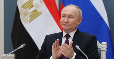 President Vladimir Putin takes part in a ceremony pouring the first portion of concrete for power unit 4 at Egypt&#039;s first nuclear power station in el-Dabaa, on the Mediterranean coast, via a video link in Moscow, Russia, on Jan. 23, 2024. (AFP Photo)