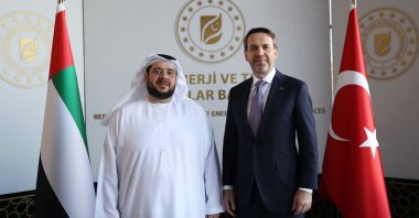 Energy and Natural Resources Minister Alparslan Bayraktar (R) and United Arab Emirates Minister of Investment and CEO of Abu Dhabi Development Holding (ADQ) Mohamed Hassan Alsuwaidi during a meeting in Ankara, Türkiye, Jan. 23, 2024. (DHA Photo)