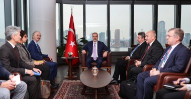 Foreign Minister Hakan Fidan (center) holds a meeting with special envoy for Syria Geir Pedersen and his delegation at the Turkish House (Türkevi) in New York, Jan. 23, 2024. (AA Photo)