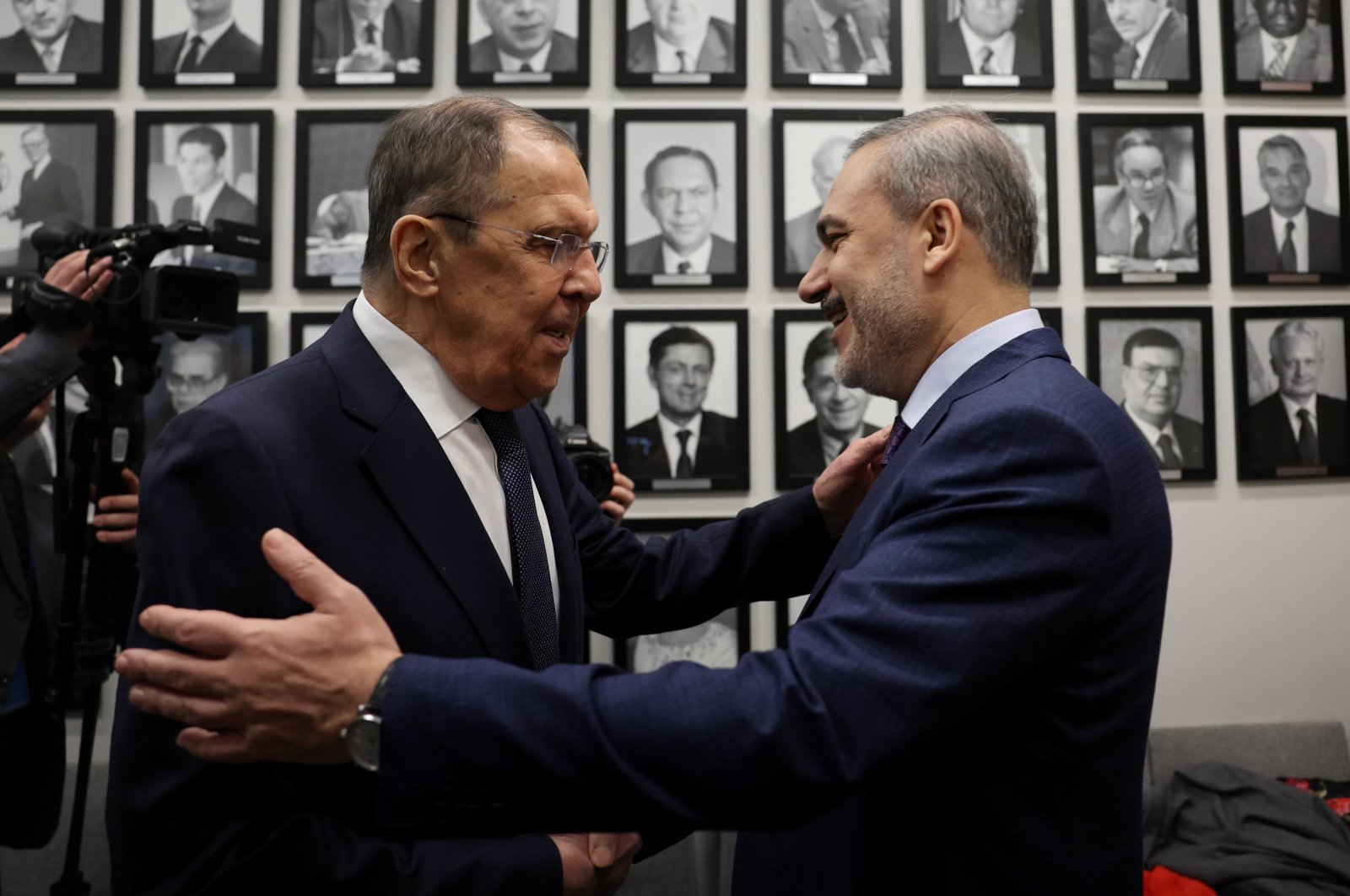 Foreign Minister Hakan Fidan (R) greets Russian Foreign Minister Sergei Lavrov as they meet on the sidelines of the U.N. Security Council meeting on the Middle East in New York, U.S., Jan. 23, 2024. (AA Photo)