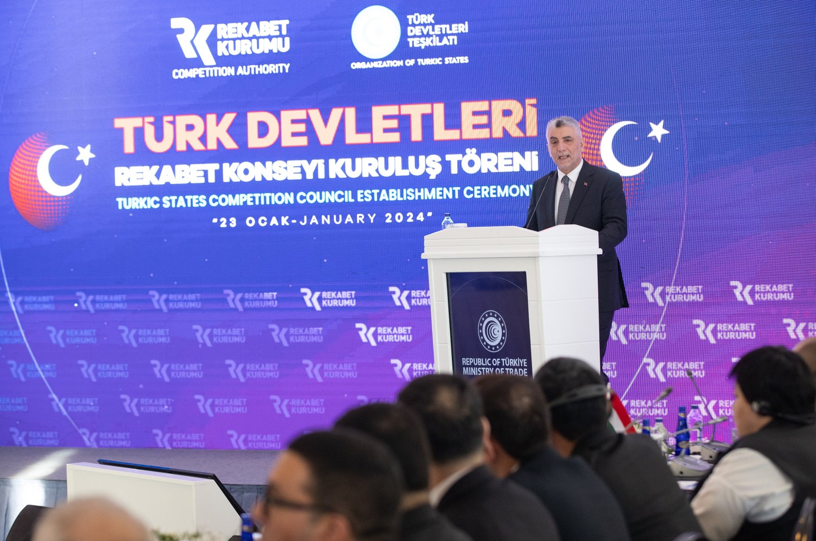Trade Minister Ömer Bolat delivers a speech during the Tukic States Competition Council Establishment Ceremony, Istanbul, Türkiye, Jan. 23, 2024. (AA Photo)