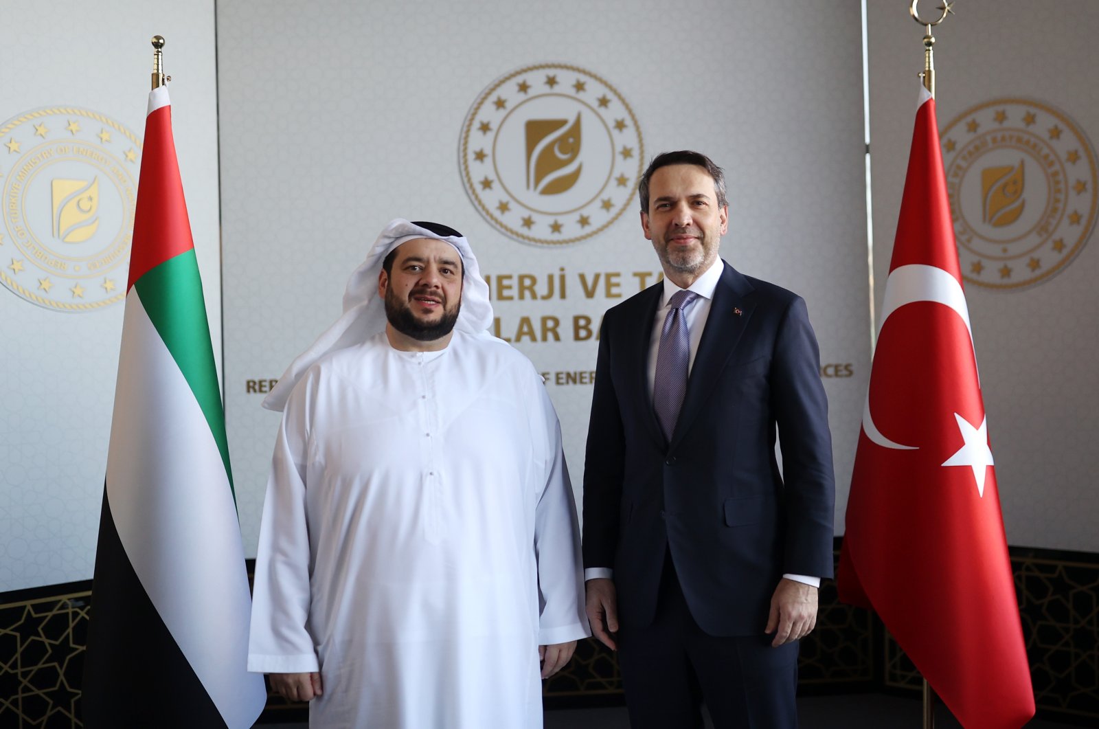 Energy and Natural Resources Minister Alparslan Bayraktar (R) and United Arab Emirates Minister of Investment and CEO of Abu Dhabi Development Holding (ADQ) Mohamed Hassan Alsuwaidi during a meeting in Ankara, Türkiye, Jan. 23, 2024. (DHA Photo)