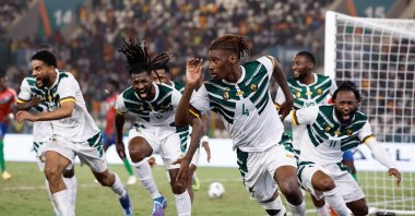 Cameroon players celebrate scoring their third goal during the Africa Cup of Nations (AFCON) 2024 Group C football match against Gambia at Stade de la Paix, Bouake, Ivory Coast, Jan. 23, 2024. (AFP Photo)