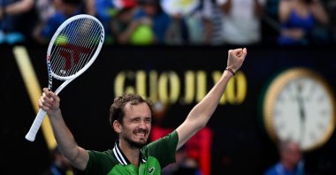 Russia's Daniil Medvedev celebrates victory against Poland's Hubert Hurkacz after their men's singles quarterfinal match on Day 11 of the Australian Open tennis tournament, Melbourne, Australia, Jan. 24, 2024. (AFP Photo)