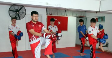Turkish kickboxer Cihan Aksun (2nd R) trains for the World Championships, Kırıkkale, Türkiye, Jan. 24, 2024. (AA Photo)