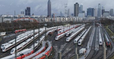 Local trains stand in front of the Main train station during a German Train Drivers' Union (GDL) strike in Frankfurt, Germany, Jan. 24, 2024. (EPA Photo)