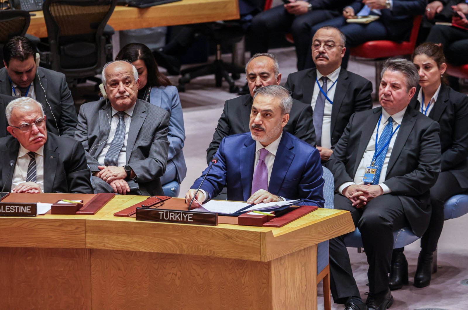 Foreign Minister Hakan Fidan (R) speaks at the U.N. Security Council meeting on the situation in Palestine in New York, U.S., Jan. 23, 2024. (AA Photo)