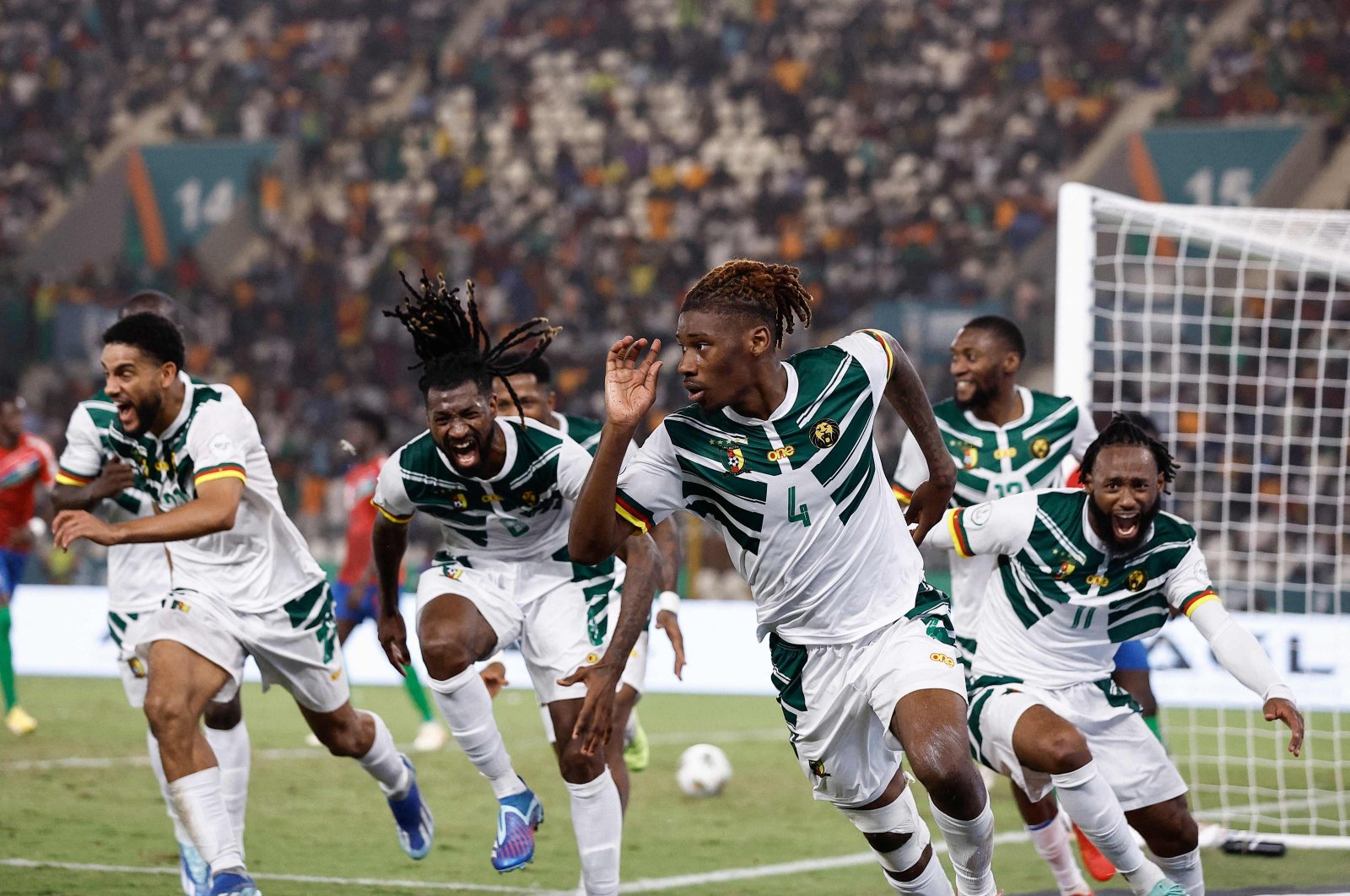 Cameroon players celebrate scoring their third goal during the Africa Cup of Nations (AFCON) 2024 Group C football match against Gambia at Stade de la Paix, Bouake, Ivory Coast, Jan. 23, 2024. (AFP Photo)