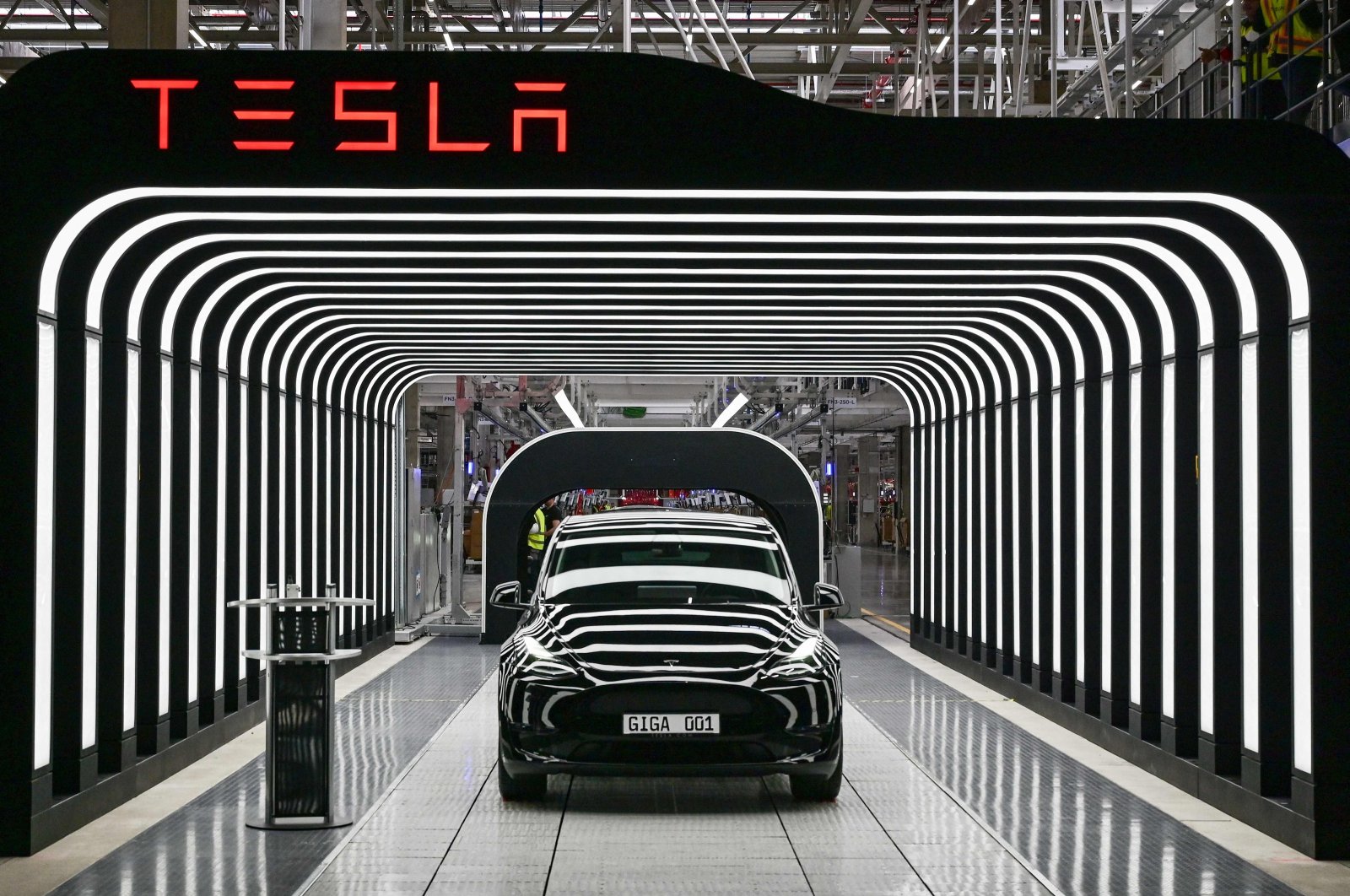 An electric vehicle of the model Y is pictured during the start of production at Tesla&#039;s &quot;Gigafactory&quot; in Gruenheide, southeast of Berlin, Germany, March 22, 2022. (AFP Photo)