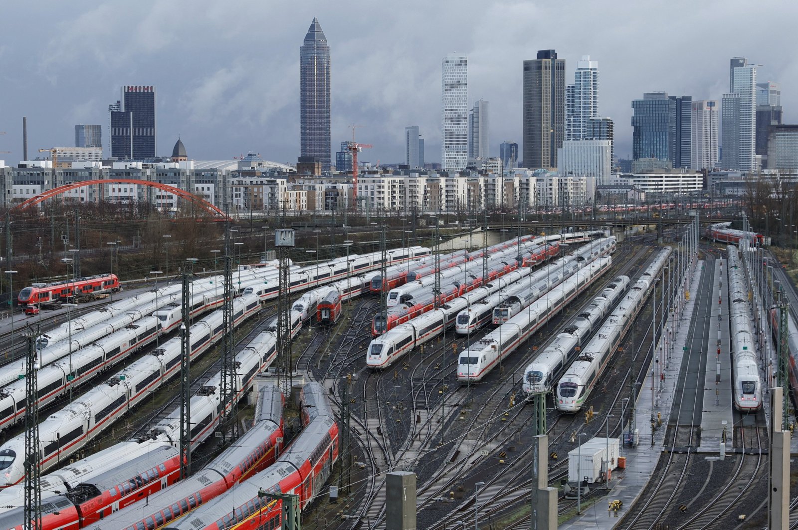 Local trains stand in front of the Main train station during a German Train Drivers&#039; Union (GDL) strike in Frankfurt, Germany, Jan. 24, 2024. (EPA Photo)